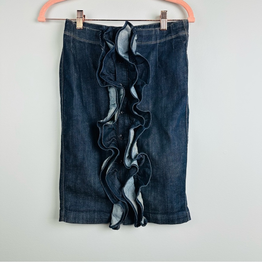 7 For All Mankind Denim Blue Knee-Length Pencil Ruffle Skirt Size 25